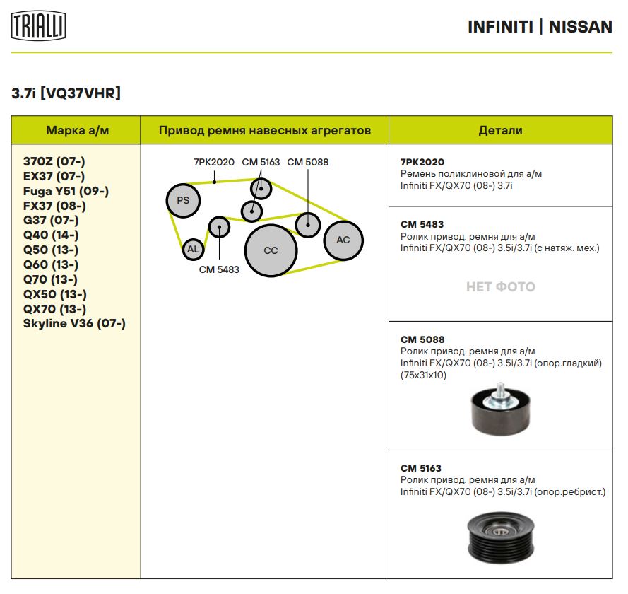 Ролик привод. ремня для автомобилей Infiniti FX/QX70 (08-) 3.5i/3.7i (опорный) ребристый (CM 5163)