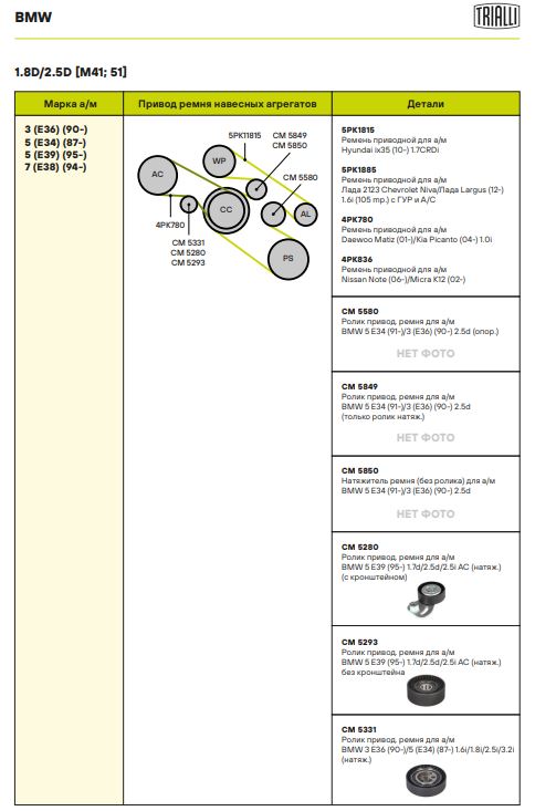 Ролик приводного ремня для автомобилей BMW 5 E34 (88-)/3 E36 (90-) 2.5d опорный