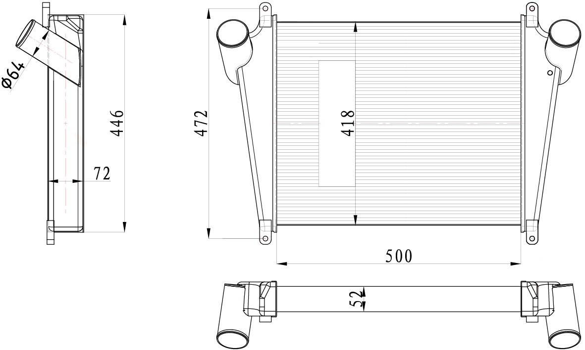 ОНВ (радиатор интеркулера) для автомобилей КАМАЗ Компас 9 (43089)/JAC N75/N80/N90 с двиг. Cummins ISF 3.8