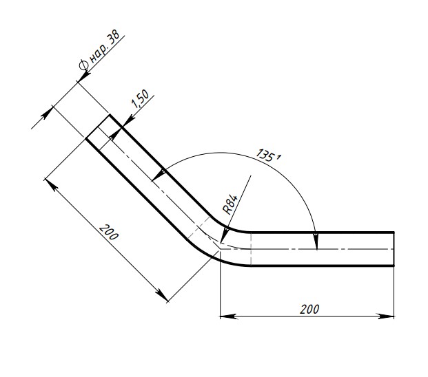 Труба с гибом d=38, угол 45 (алюминизированная сталь)