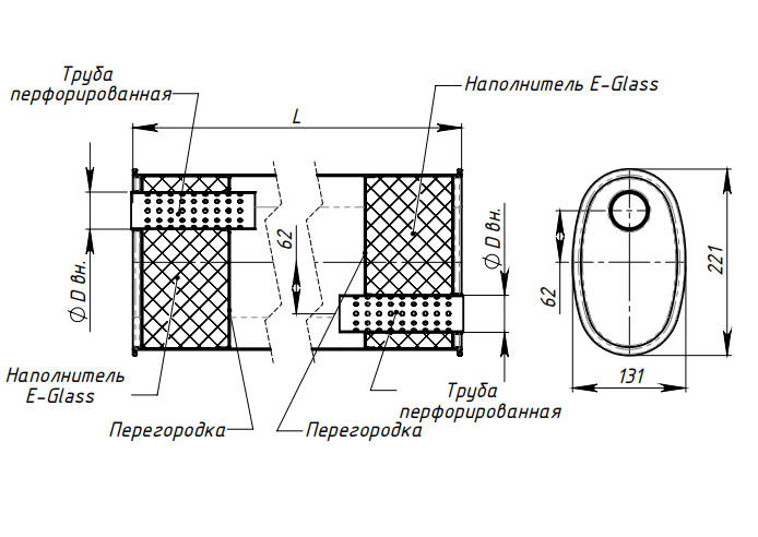 Глушитель универсальный (овальный) 131х221, L=485, d=50, смещение 62 мм (алюминизированная сталь)