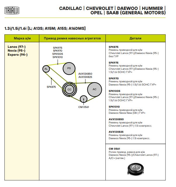 Ролик привод. ремня для автомобилей Daewoo Nexia (95-)/Chevrolet Lanos (97-) A/C+ (натяжной) (CM 0561)