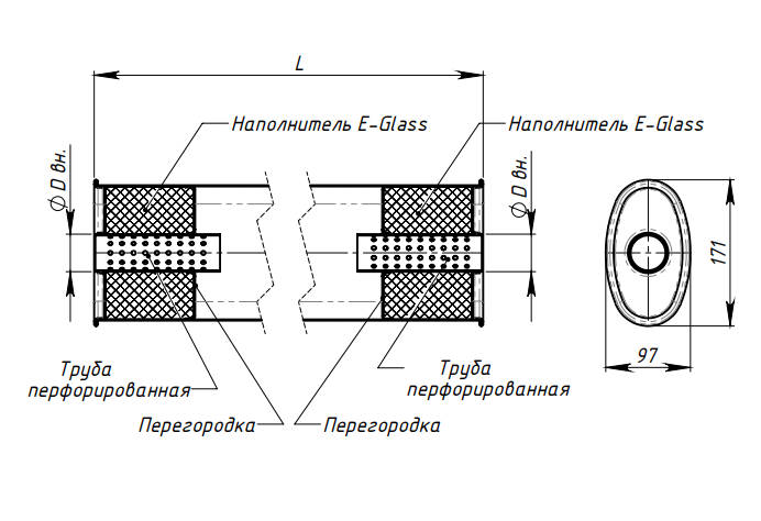 Глушитель универсальный (овальный) 97х171, L=500, d=42 (алюминизированная сталь)