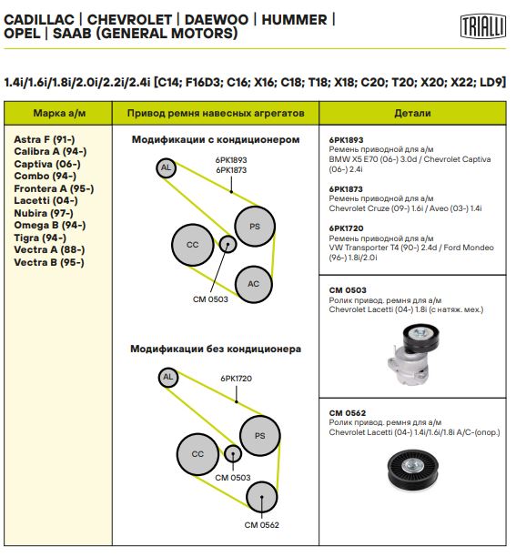 Ролик привод. ремня для автомобилей Chevrolet Lacetti (04-) 1.4i/1.6i/1.8i A/C- (опорный, взамен компрессора кондиционера)