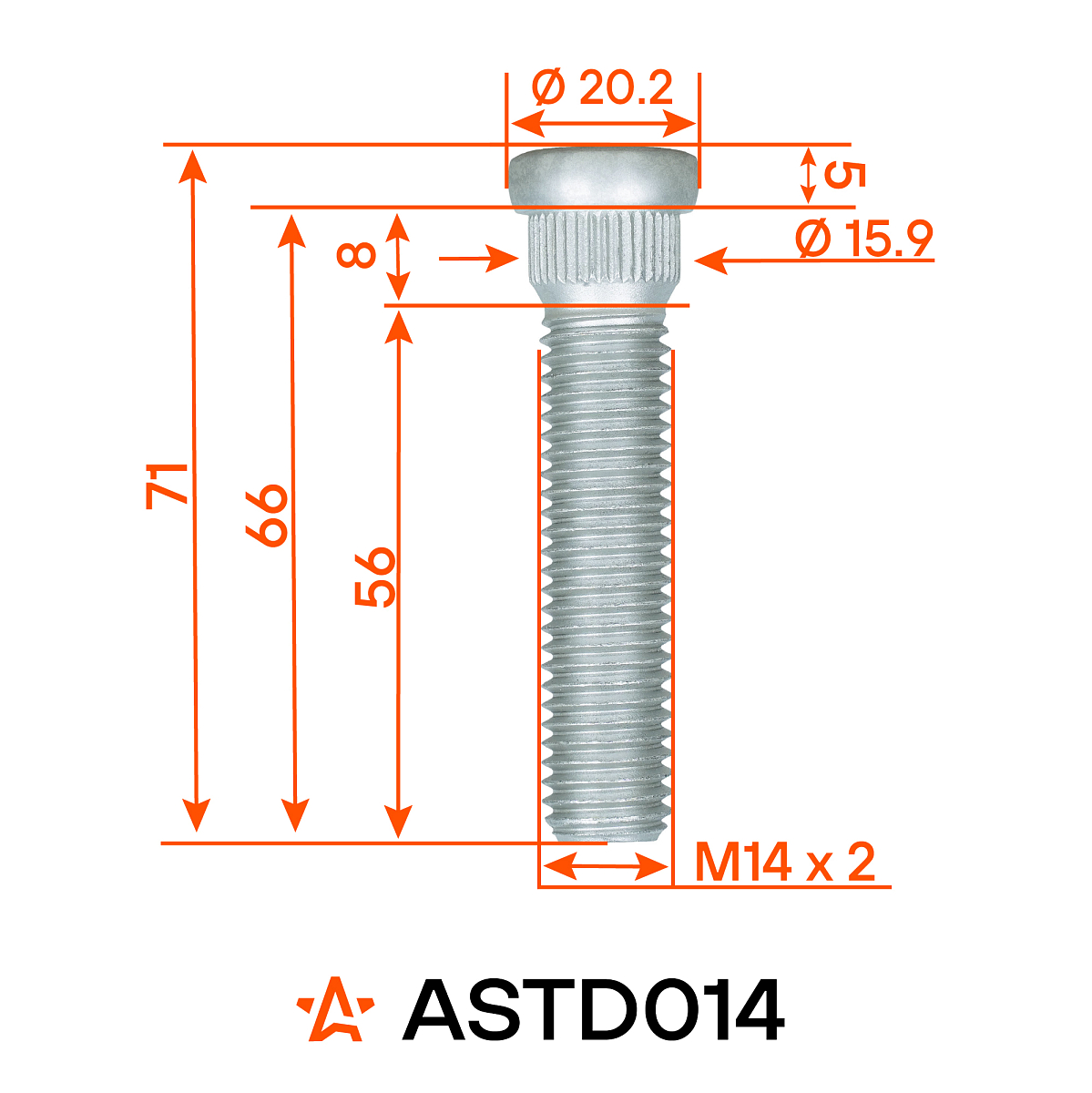 Шпилька колесная M14x2x56x71, d посадки 15,9, дакромет для а/м Ford