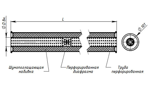 Глушитель универсальный (круглый) D=101 с перфорированным диффузором L=380, d=50 (алюминизированная сталь)