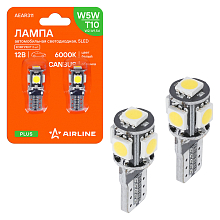 Лампа светодиодная W5W (T10) PLUS, 6000K (Белый), 12В, 1.7Вт, 5LED, Полярная, Обманка CAN bus, комплект 2 шт.
