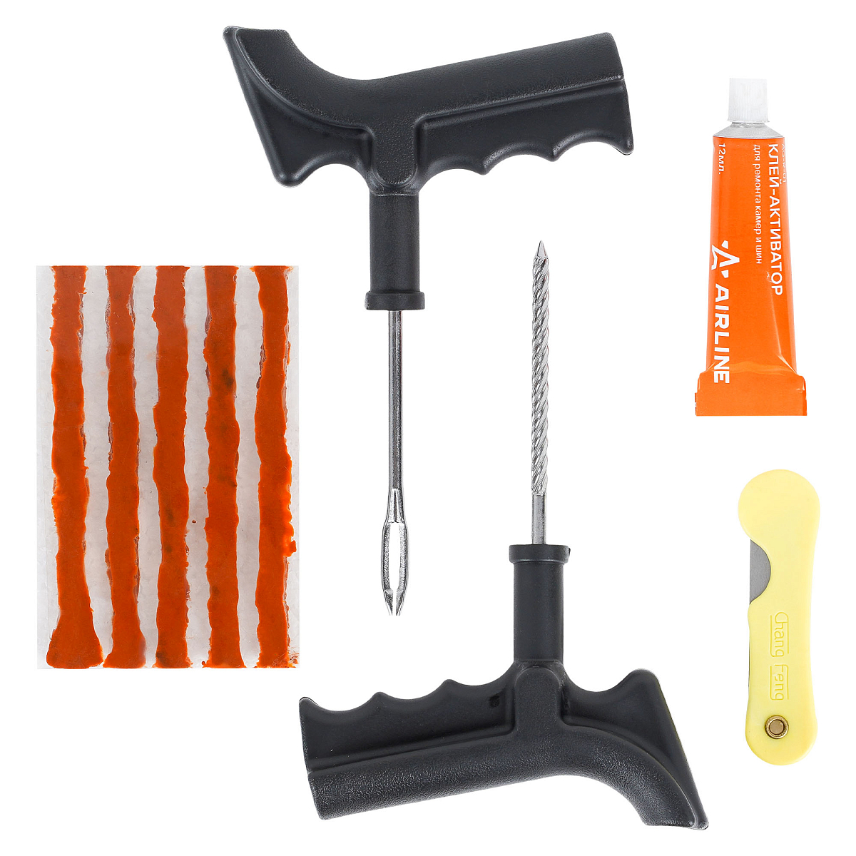 Ремкомплект для б/к шин пистолетные ручки (клей, шило: для жгута+спирал.насечк, жгуты 5 шт.)