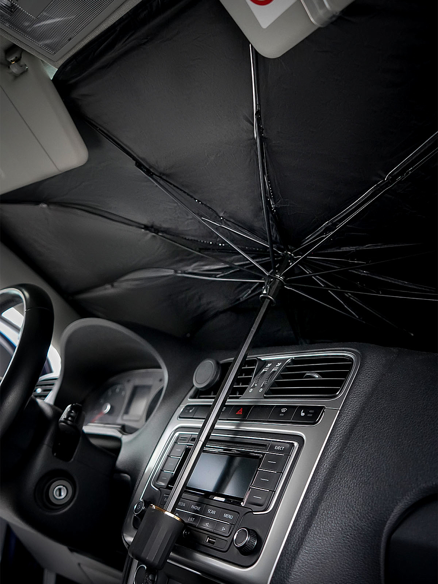 Шторка солнцезащитная 70*130см на лобовое стекло, зонт, складная, черная/серая