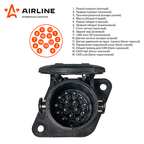 Розетка прицепа/тягача 24В 15 контактов пластик (гайка)