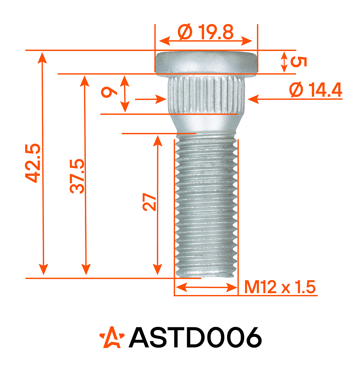 Шпилька колесная M12x1,5x27x42,5, d посадки 14,4, дакромет для а/м Toyota/Mitsubishi