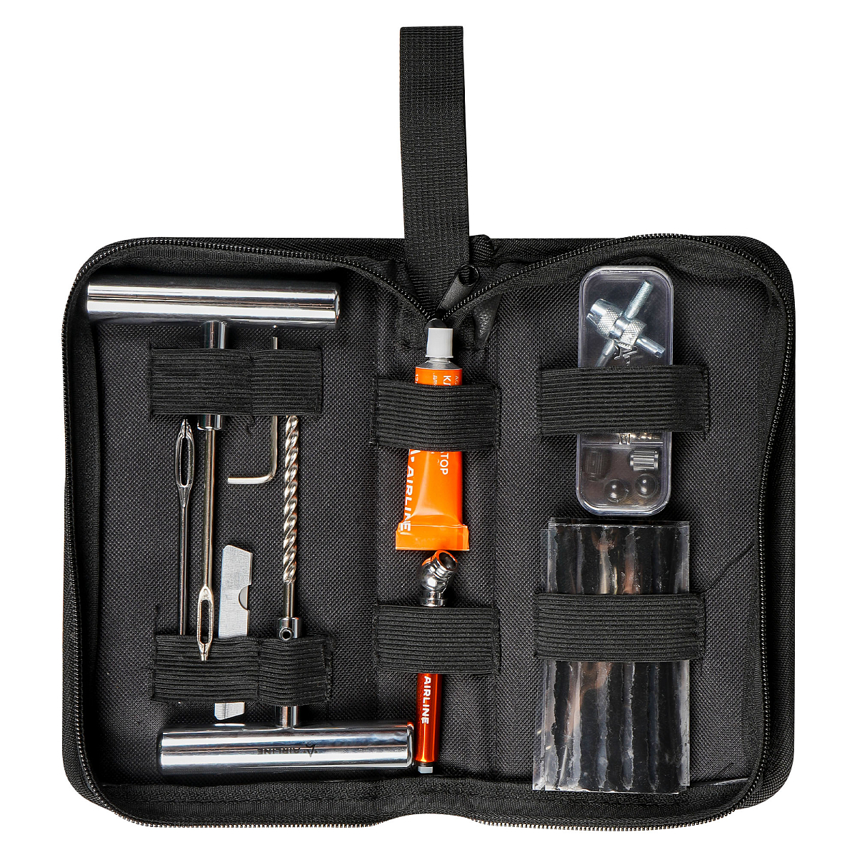 Ремкомплект для б/к шин в кейсе (клей, шило для жгута+спирал., жгуты 20шт.,маном, метчик, колп. 4шт, золотн. 4шт)