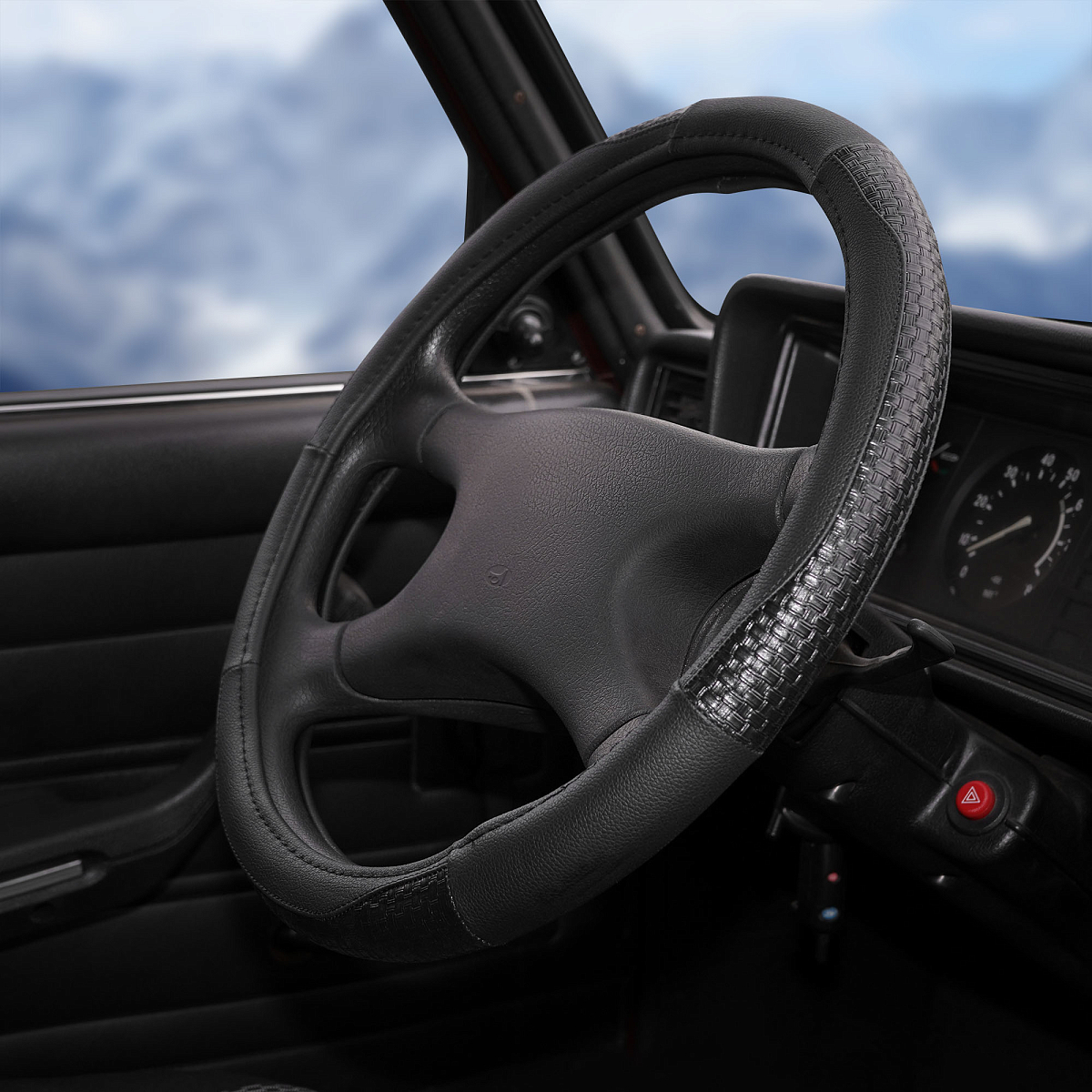 Оплетка на руль, искусственная кожа с тиснением, черная, 42 см / XL
