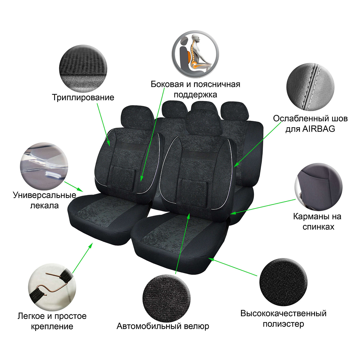 Чехлы для сидений универсальные "MONRO", 11 пред., повыш. комфорт, велюр, черн.
