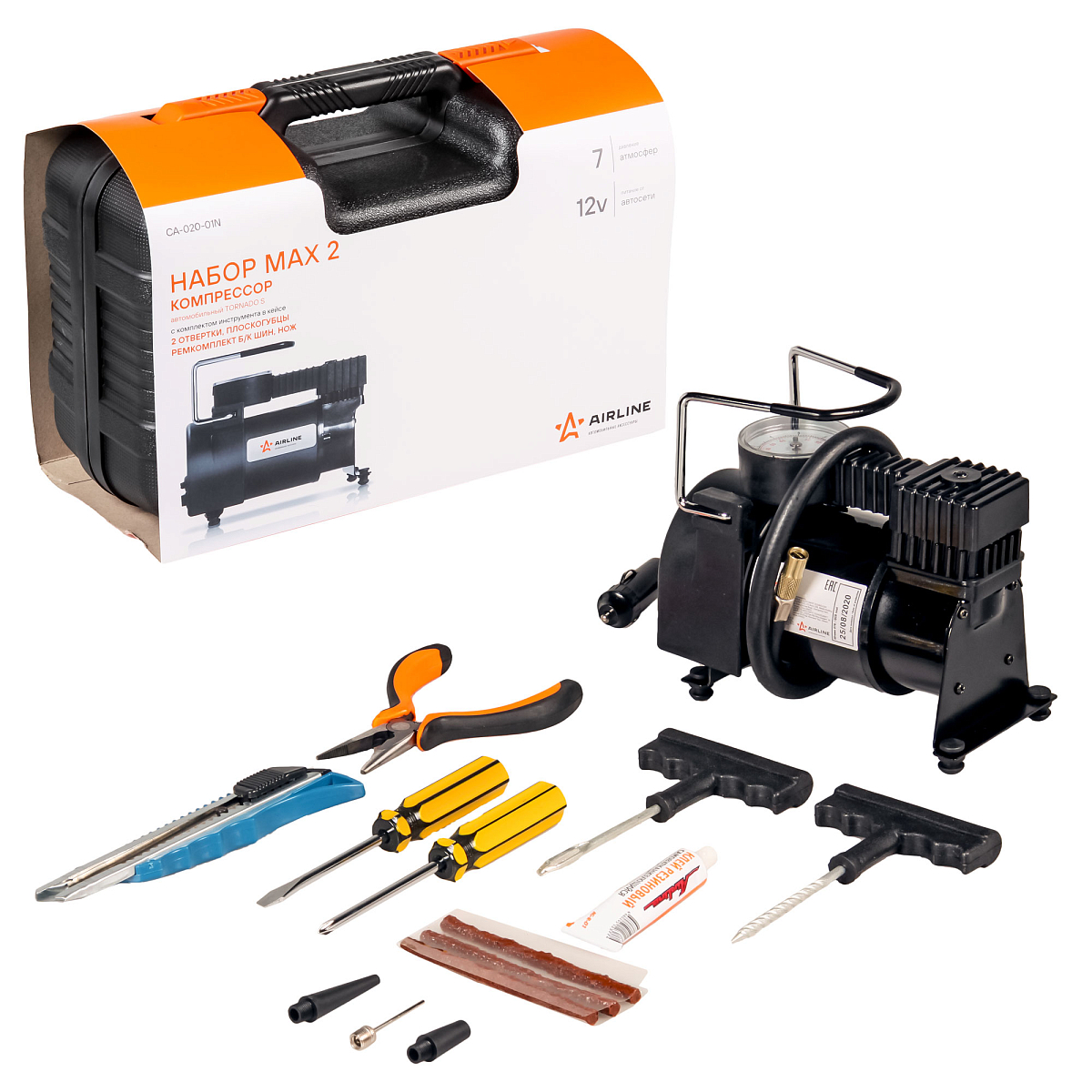 Компрессор TORNADO S с кмпл инстр. в кейсе (2отверт., ремкомп.б/к шин, нож, плоскогуб.)