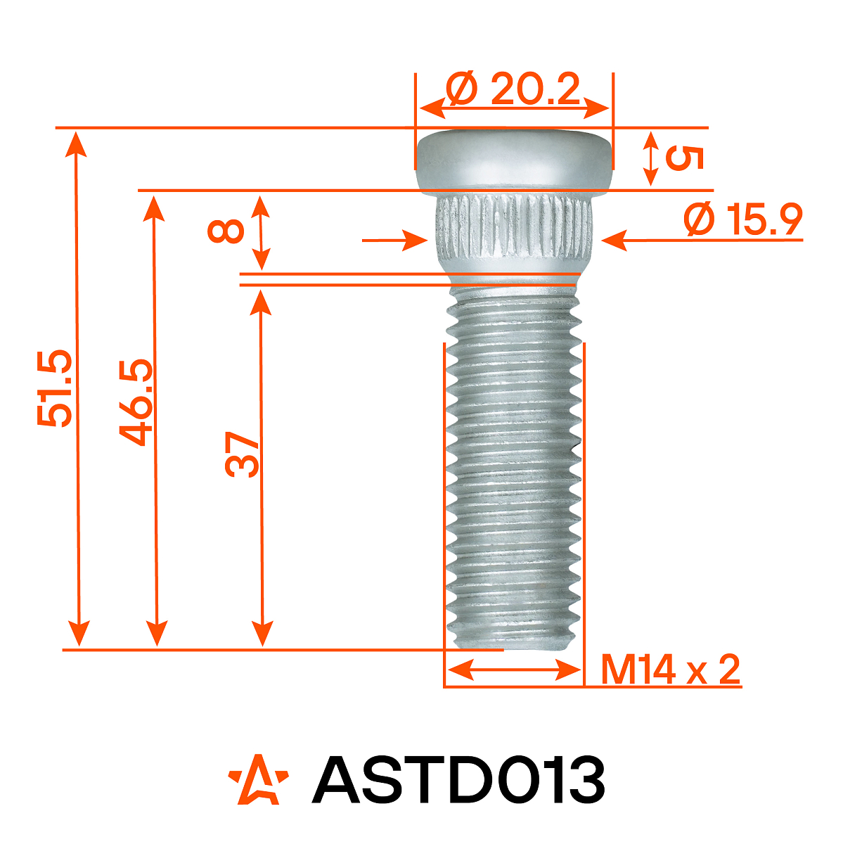 Шпилька колесная M14x2x37x51,5, d посадки 15,9, дакромет для а/м Ford
