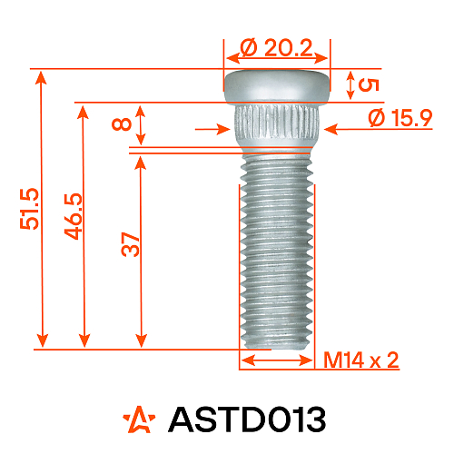 Шпилька колесная M14x2x37x51,5, d посадки 15,9, дакромет для а/м Ford