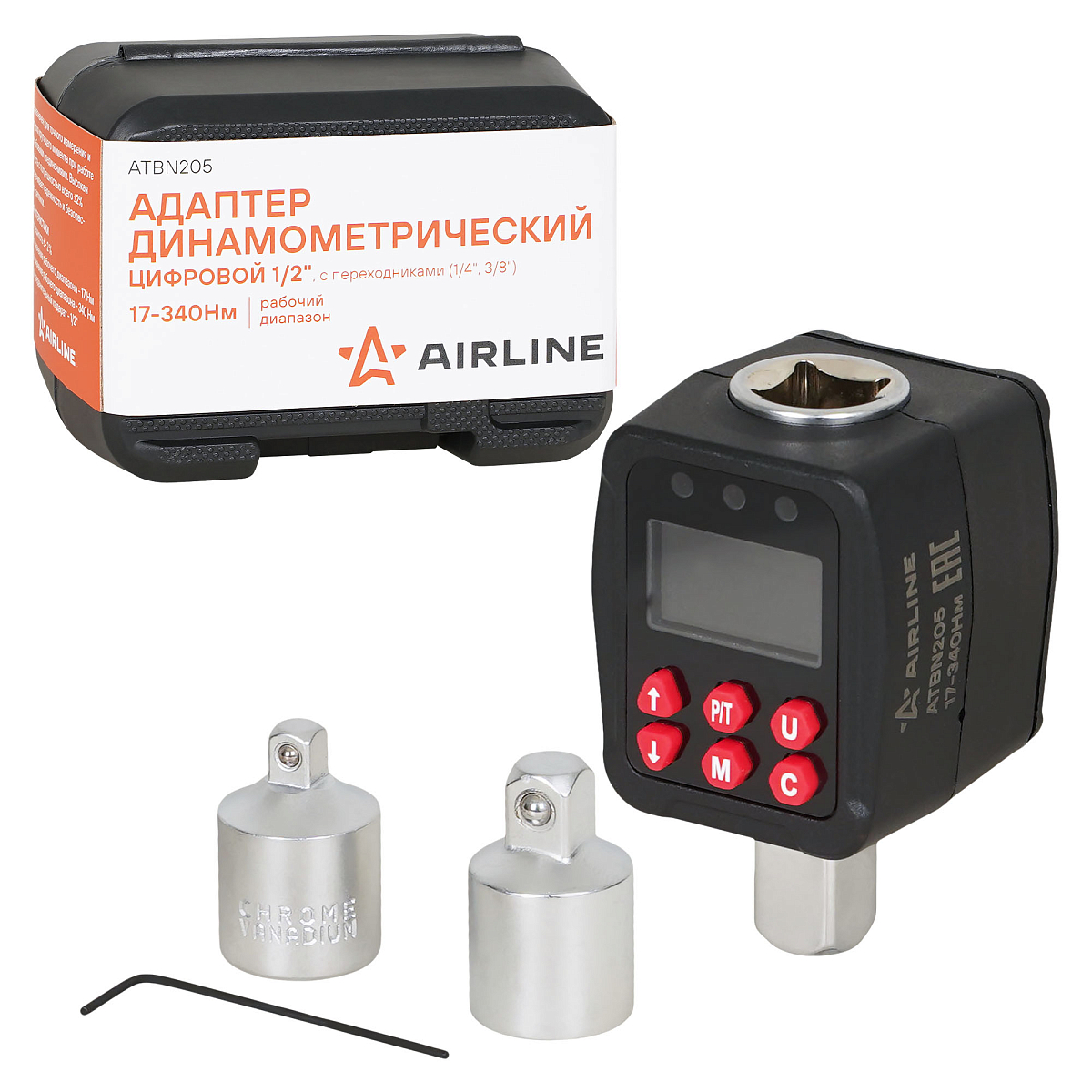 Адаптер динамометрический цифровой 1/2" 17-340Нм, с переходниками (1/4", 3/8"), кейс