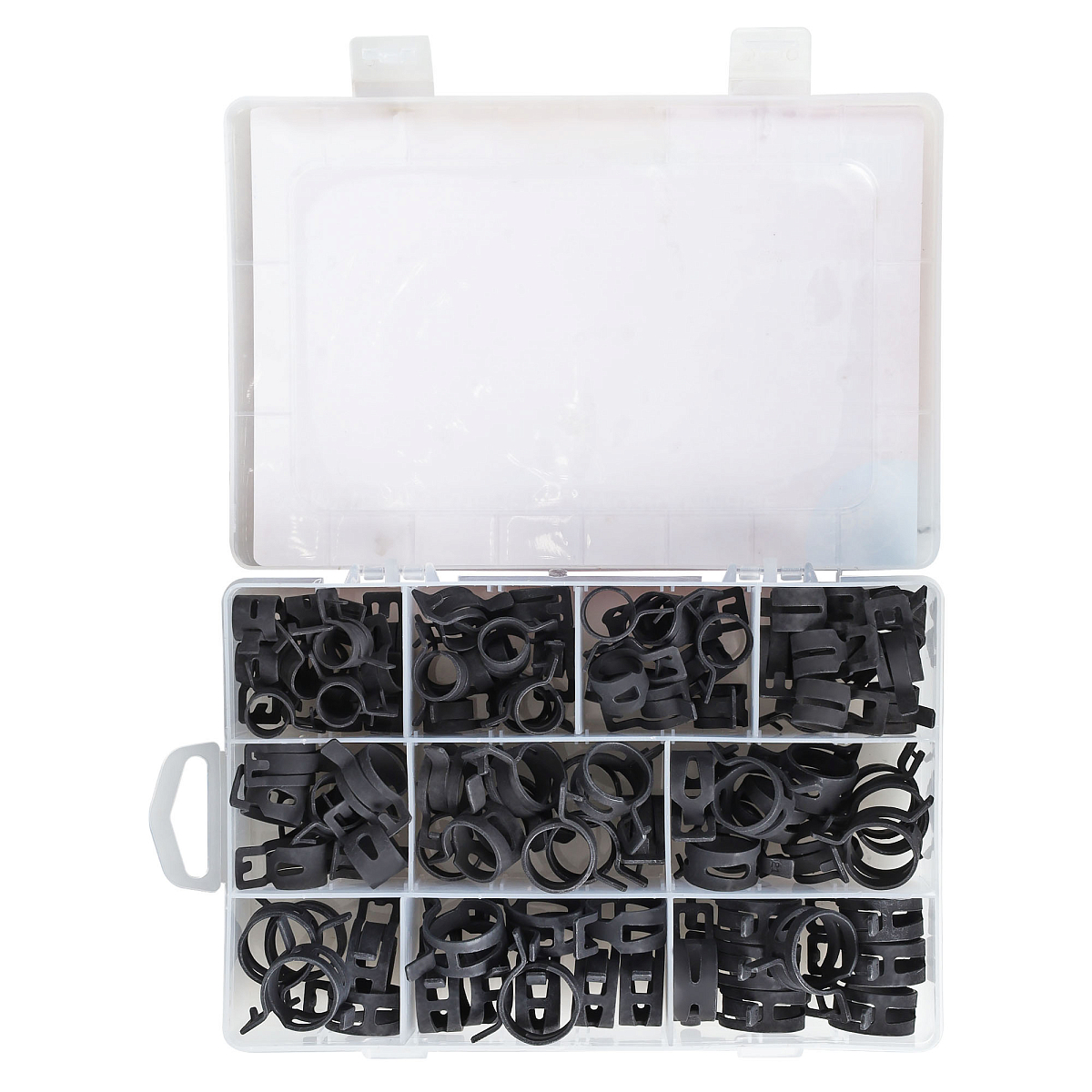 Хомуты пружин.набор 98шт.(13,14,15,16,18,20,21,22,23,24мм) самозажим.,хром-цинк,черн.,кейс