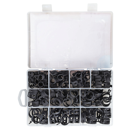 Хомуты пружин.набор 98шт.(13,14,15,16,18,20,21,22,23,24мм) самозажим.,хром-цинк,черн.,кейс