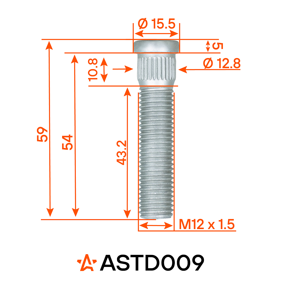 Шпилька колесная M12x1,5x43,2x59, d посадки 12,8, дакромет для а/м Chevrolet/Opel/Hummer