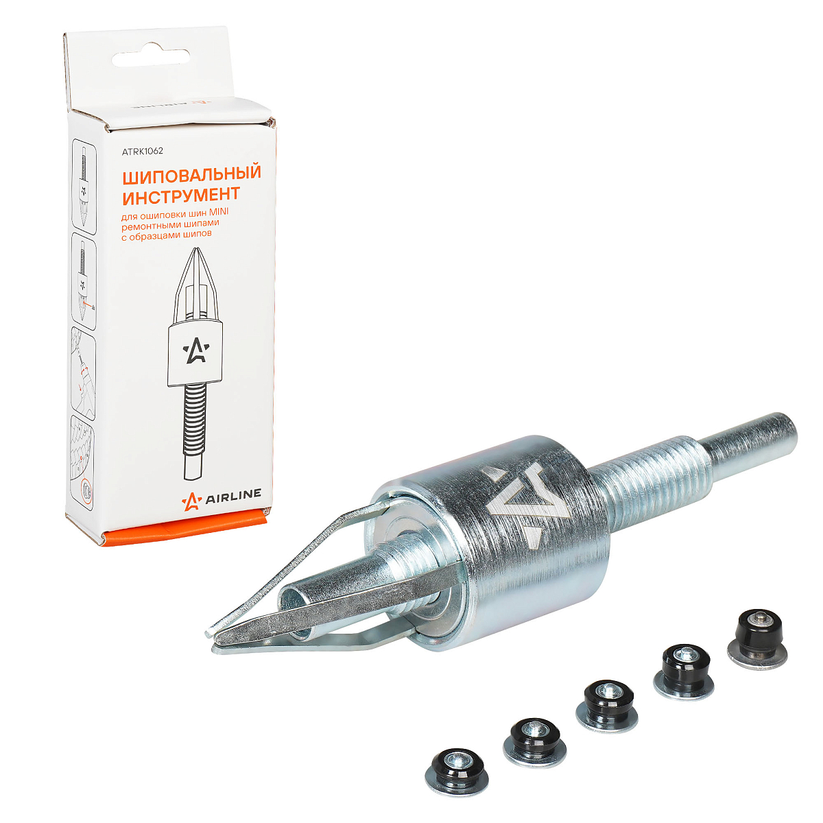 Инструмент насадка на шуруповерт для ручной ошиповки шин MINI + образцы шипов
