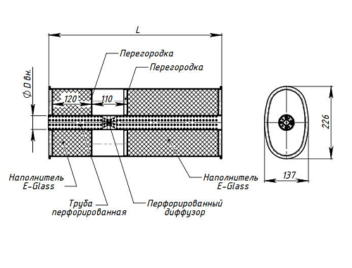 Глушитель универсальный (овальный) 131х221 с перфорированным диффузором L=540, d=42 (алюминизированная сталь)