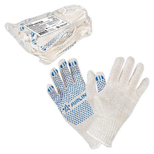 Перчатки трикотажные ХБ с ПВХ покрытием, белые, (к-т 5 пар) 7,5 класс/42г., мод.202