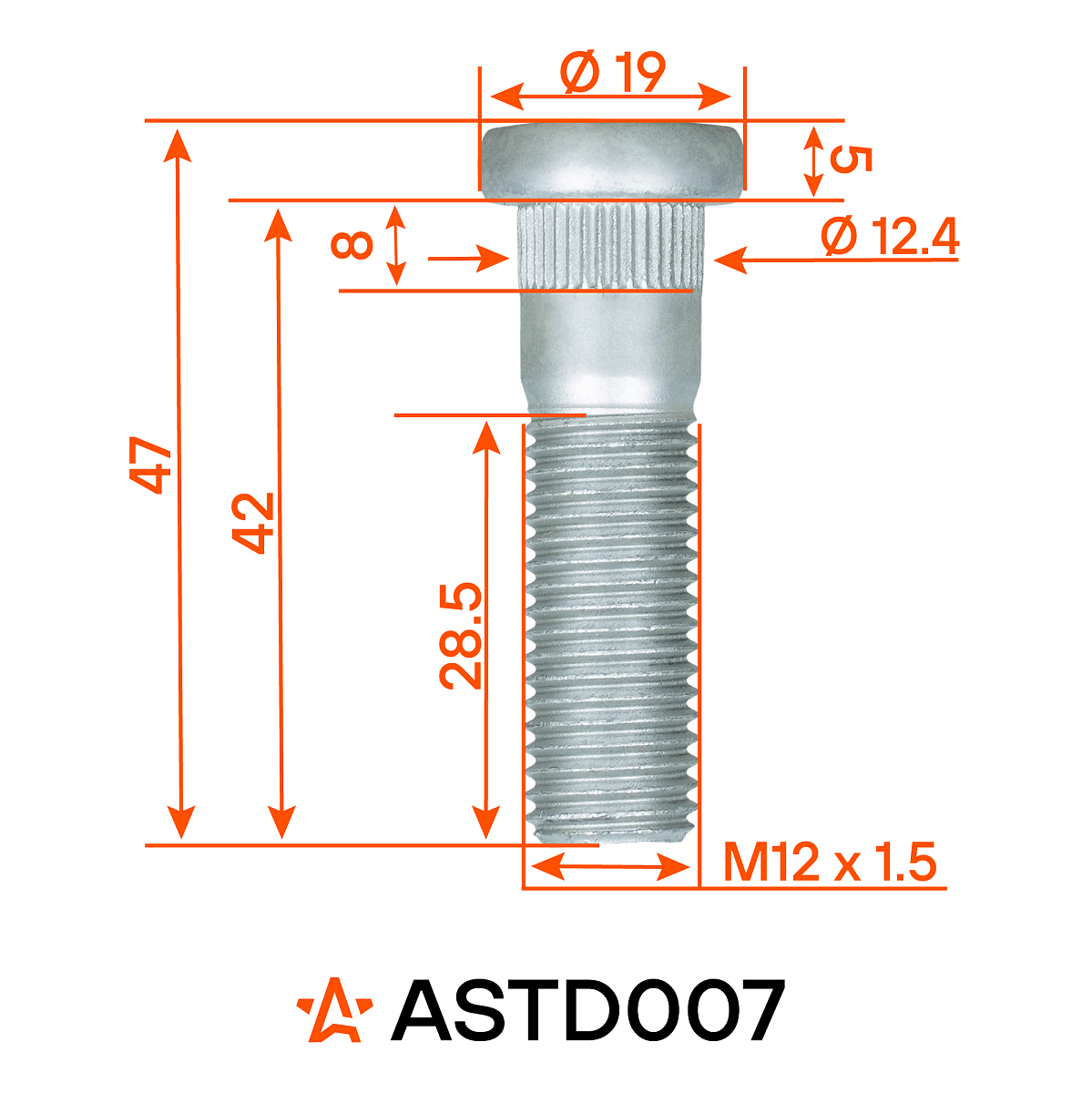 Шпилька колесная M12x1,5x28,5x47, d посадки 12,4, дакромет для а/м Honda