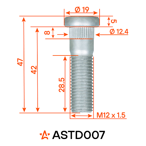 Шпилька колесная M12x1,5x28,5x47, d посадки 12,4, дакромет для а/м Honda