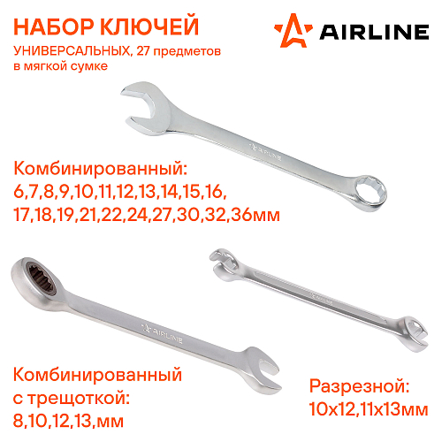 Набор ключей универсальный PRO 27пр. (комб. 6-36мм, комб. с трещоткой 8,10,12,13мм, разрезные 10x12,11x13мм) сумка