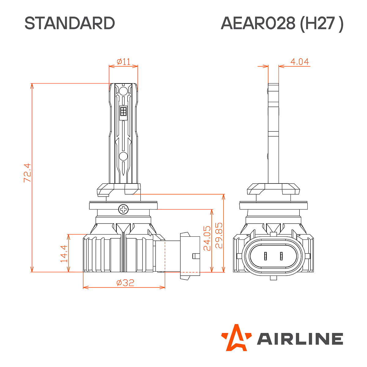 Лампа светодиодная H27 STANDARD, 17Вт, 4000Лм (2000Лм x 2), 3000К (Желтый), 12В, комплект 2 шт. МП-серия