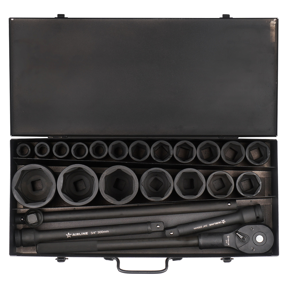 Набор головок ударных 3/4"DR L=56мм, 23пр. (17-65мм) мет. кейс.