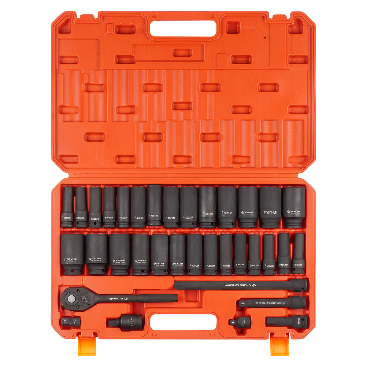 Набор головок ударных 1/2"DR L=78мм, 35пр. (10-32мм, метр. и дюйм. размеры) пласт.кейс.