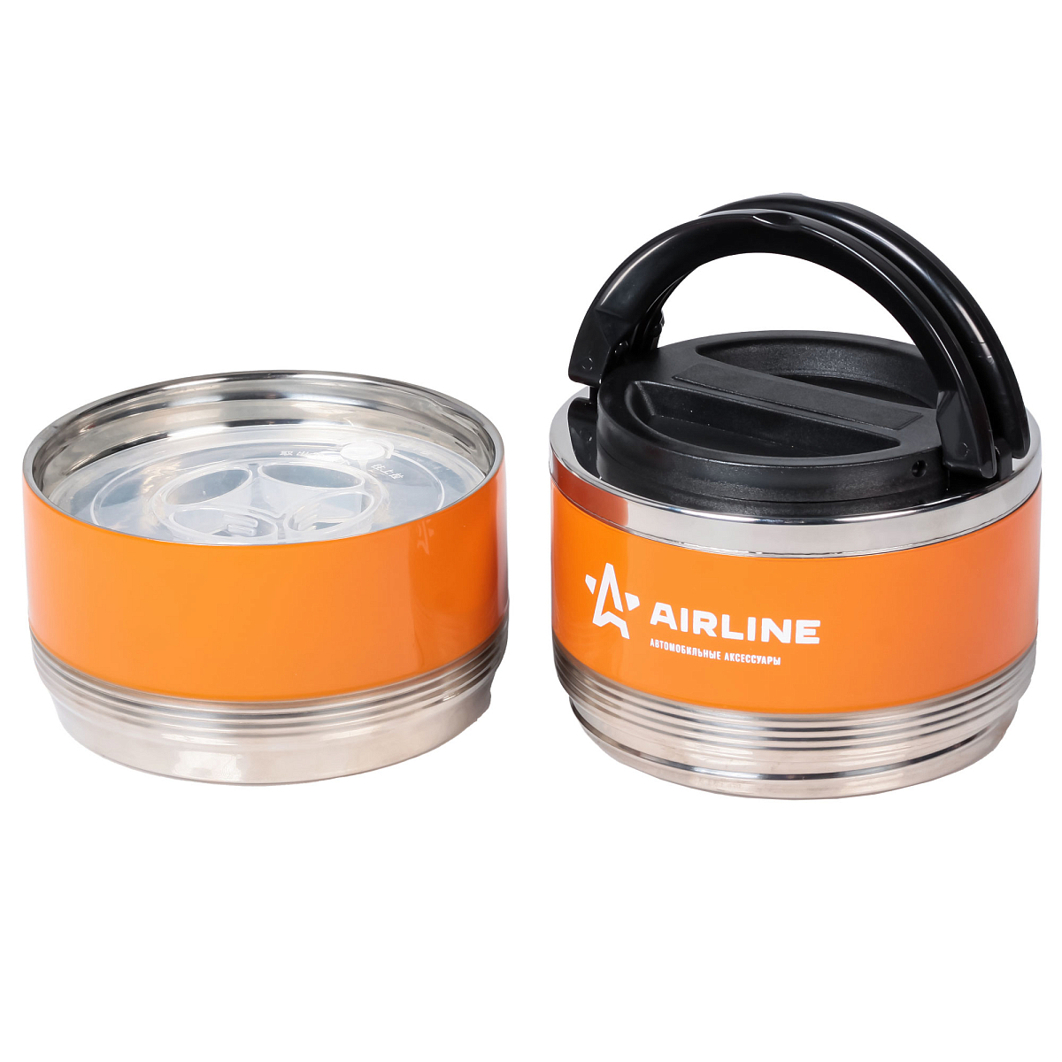 Ланч-бокс для еды с ручкой (термо), нерж. сталь (304), 2 контейнера, 1,4 л., оранж./черн.