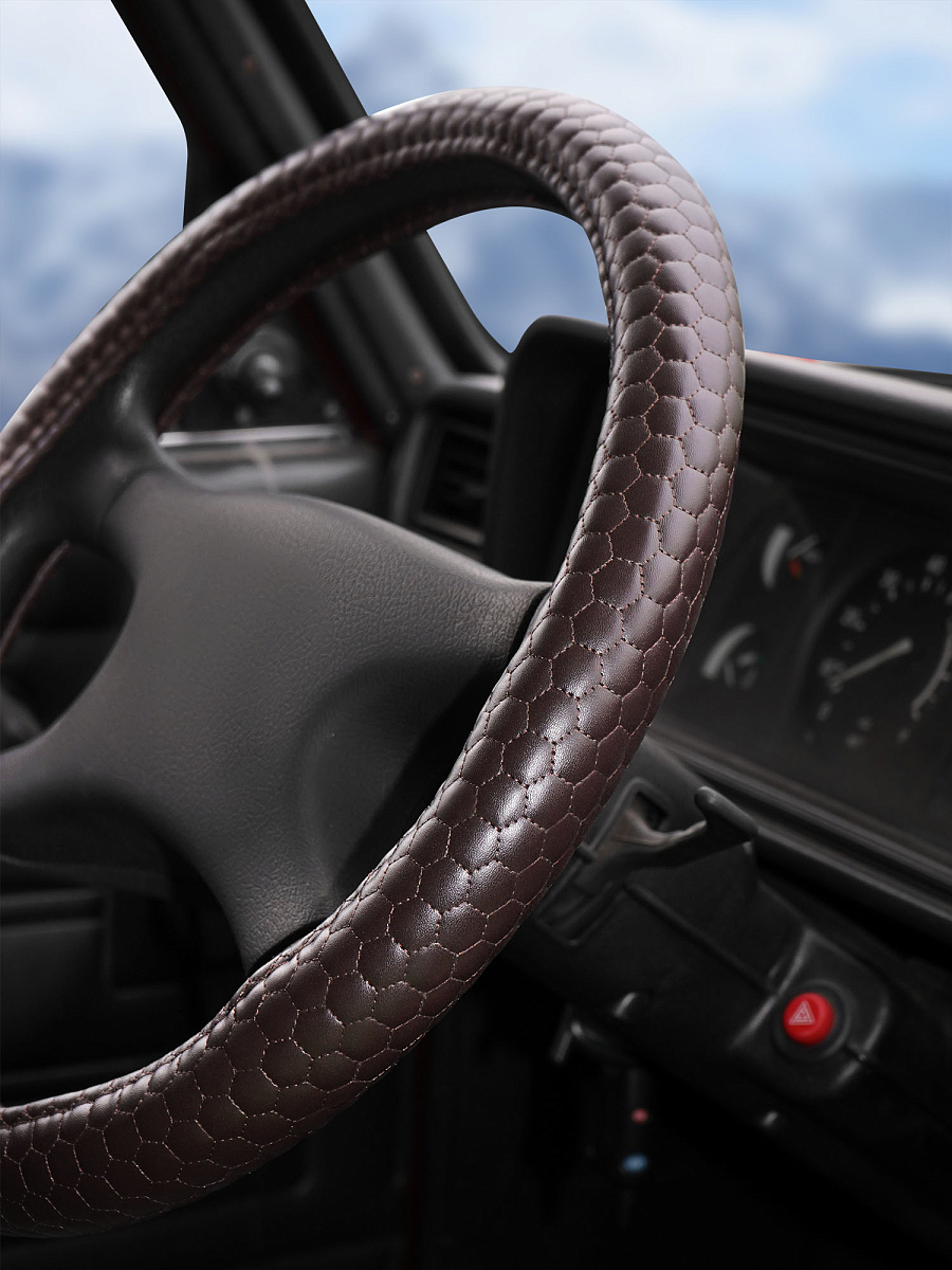Оплетка на руль, искусственная кожа с тиснением, коричневая, 40 см / L