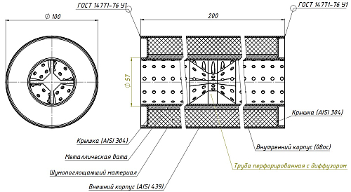 Пламегаситель универсальный 100/200-55 с перфорированным диффузором (нержавеющая сталь)