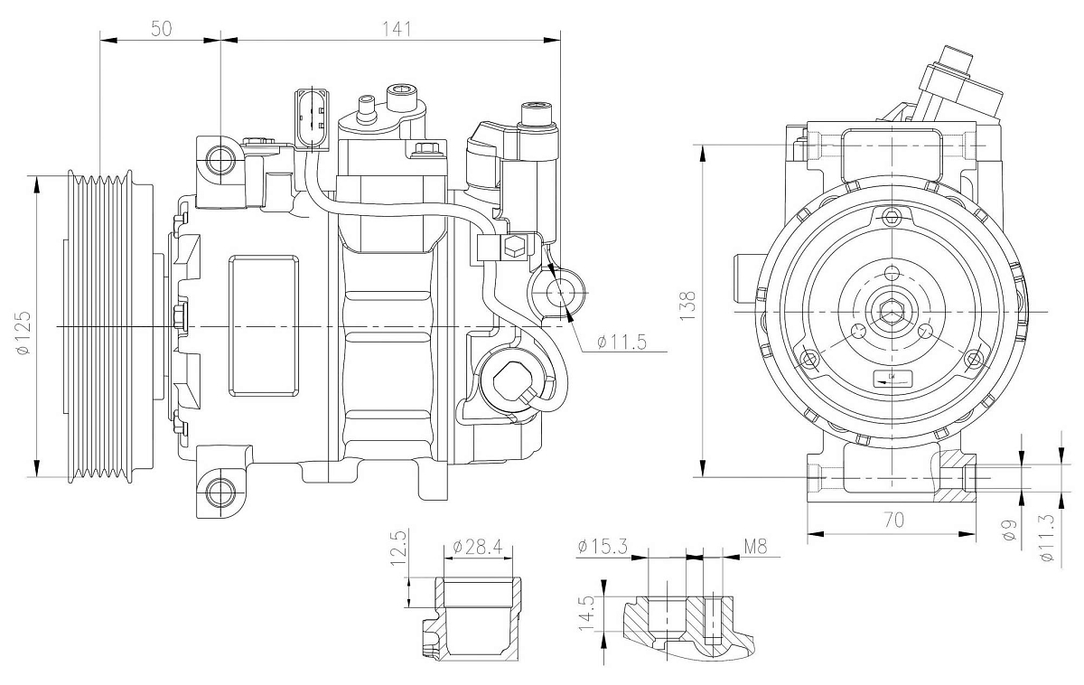 Компрессор кондиционера для автомобилей A4 (B7) (04-)/A8 (05-)/Q7 (10-) (125mm 6PK)