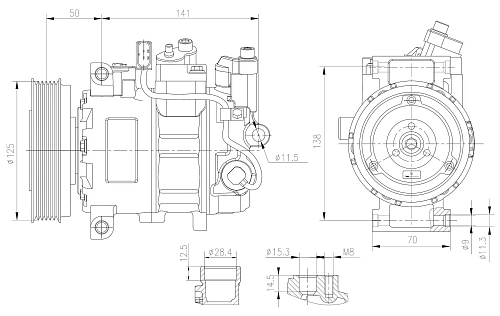 Компрессор кондиционера для автомобилей A4 (B7) (04-)/A8 (05-)/Q7 (10-) (125mm 6PK)