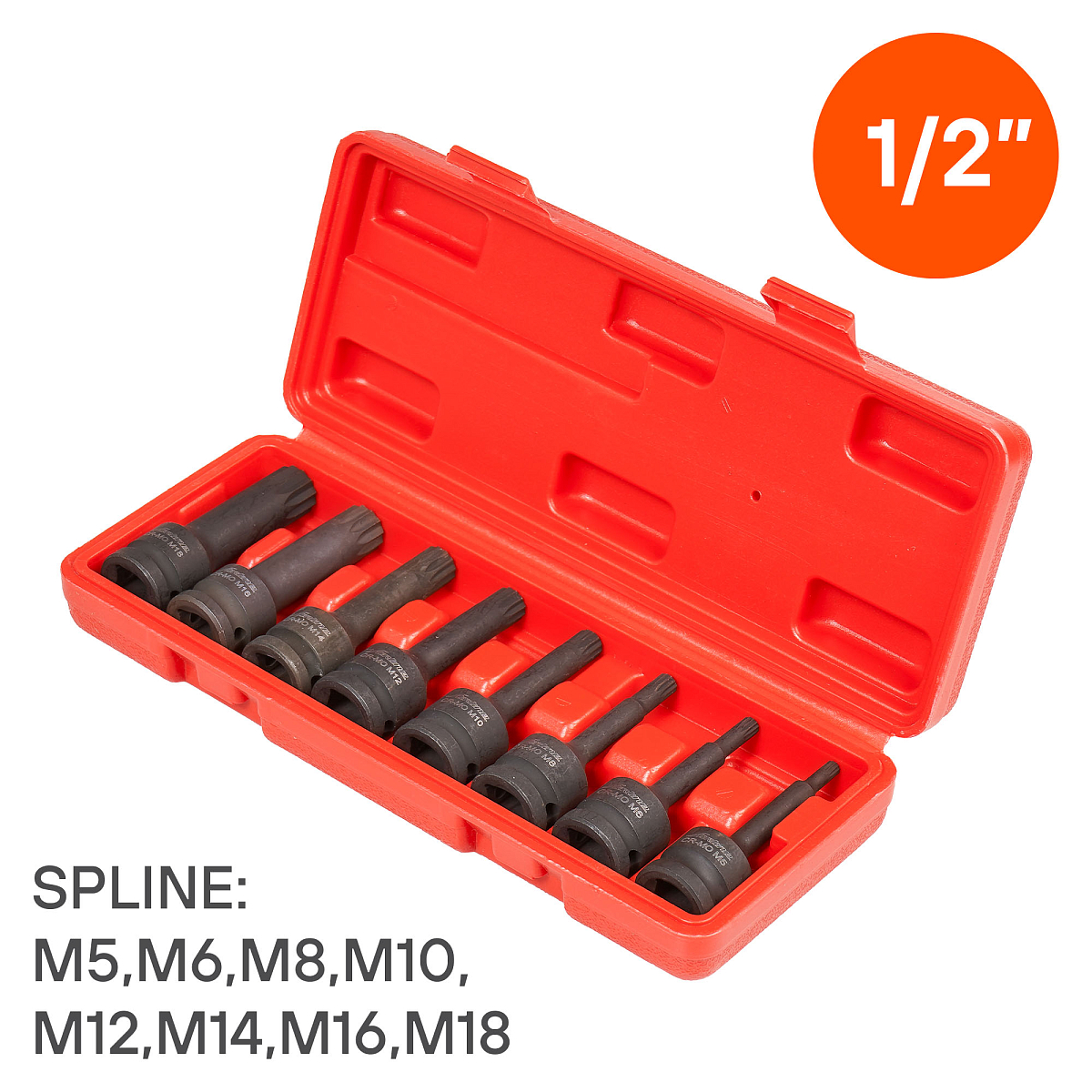 Набор головок ударных 1/2"DR L=78мм внешний SPLINE, 8пр. (M5-M18) пласт.кейс