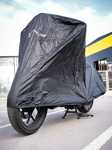 Чехол-тент на мотоцикл защитный M (225х90х110см), люверс под замок, черный