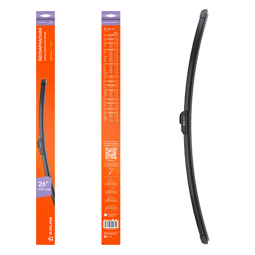 Щетка стеклоочистителя 650мм (26") бескаркасная, 1 адаптер (Hook 9x3, 9x4 mm - Крючок 9x3, 9x4 мм)