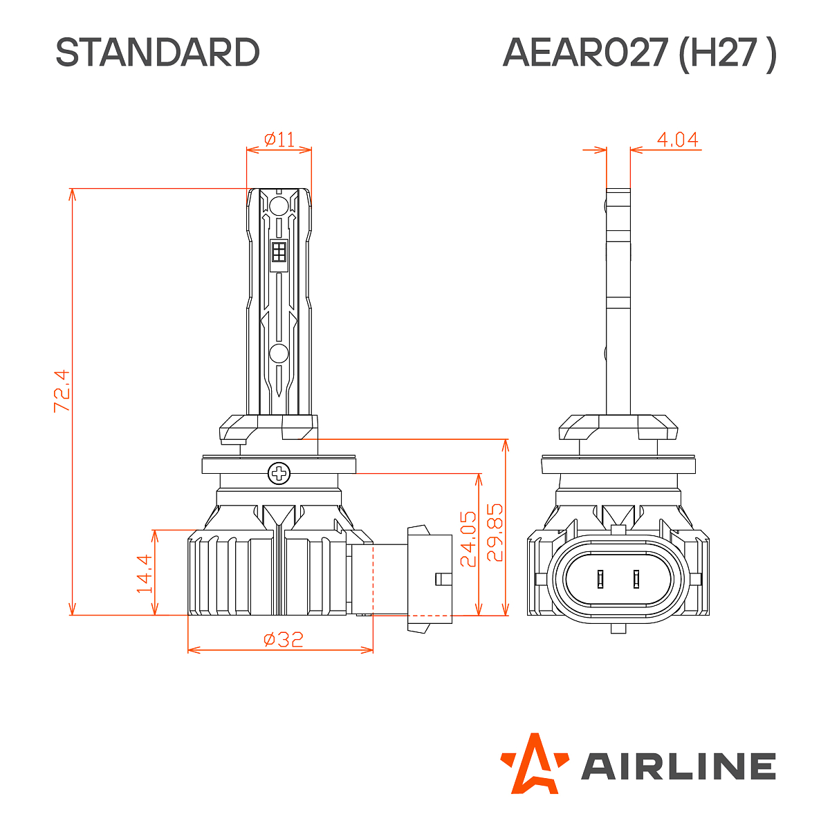 Лампа светодиодная H27 STANDARD, 17Вт, 4000Лм (2000Лм x 2), 6000К (Белый), 12В, комплект 2 шт. МП-серия