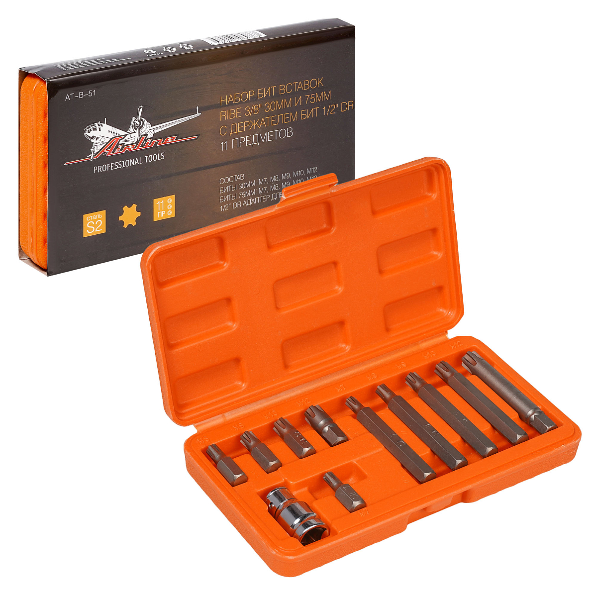 Набор бит вставок RIBE 3/8" 30мм и 75мм с держателем бит 1/2"DR 11 пр. в кейсе