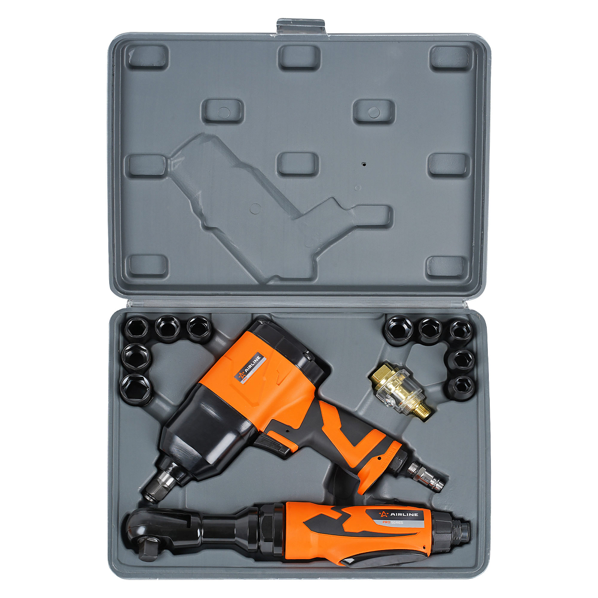 Гайковерт пневм.ударн. композит. 1/2"DR 330Нм, трещотка пневм. 1/2"DR 80Нм PRO 17пр. кейс