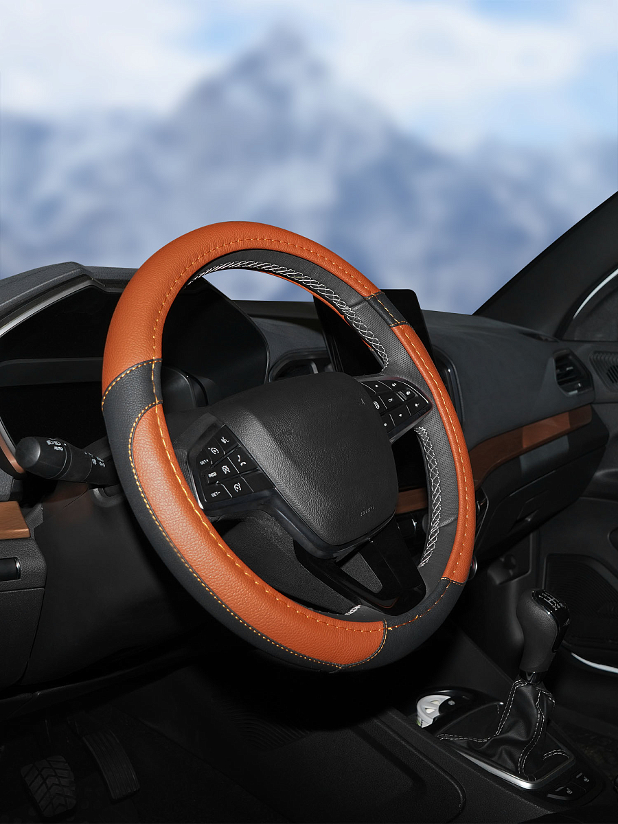 Оплетка на руль, искусственная кожа, коричневая/черная, 38 см / M