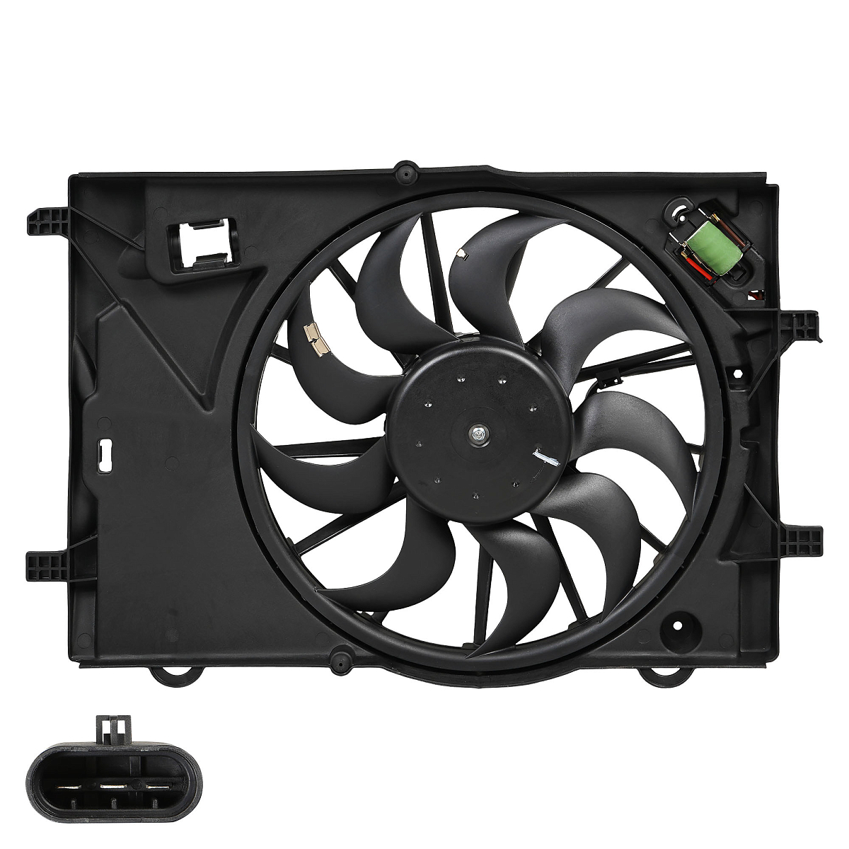 Электровентилятор охлаждения для автомобилей Chevrolet Aveo T300 (11-)/Opel Mokka (13-) (с кожухом и резистором)