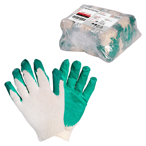 Перчатки трикотажные ХБ с латексным покрытием ладони, зеленые, (1 пара) 13 класс, модель AM_ct24ll