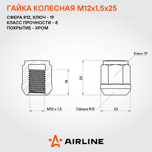 Гайка колесная M12x1,5x25, сфера R12, ключ 19, закрытая, хром, 20 шт для а/м Honda