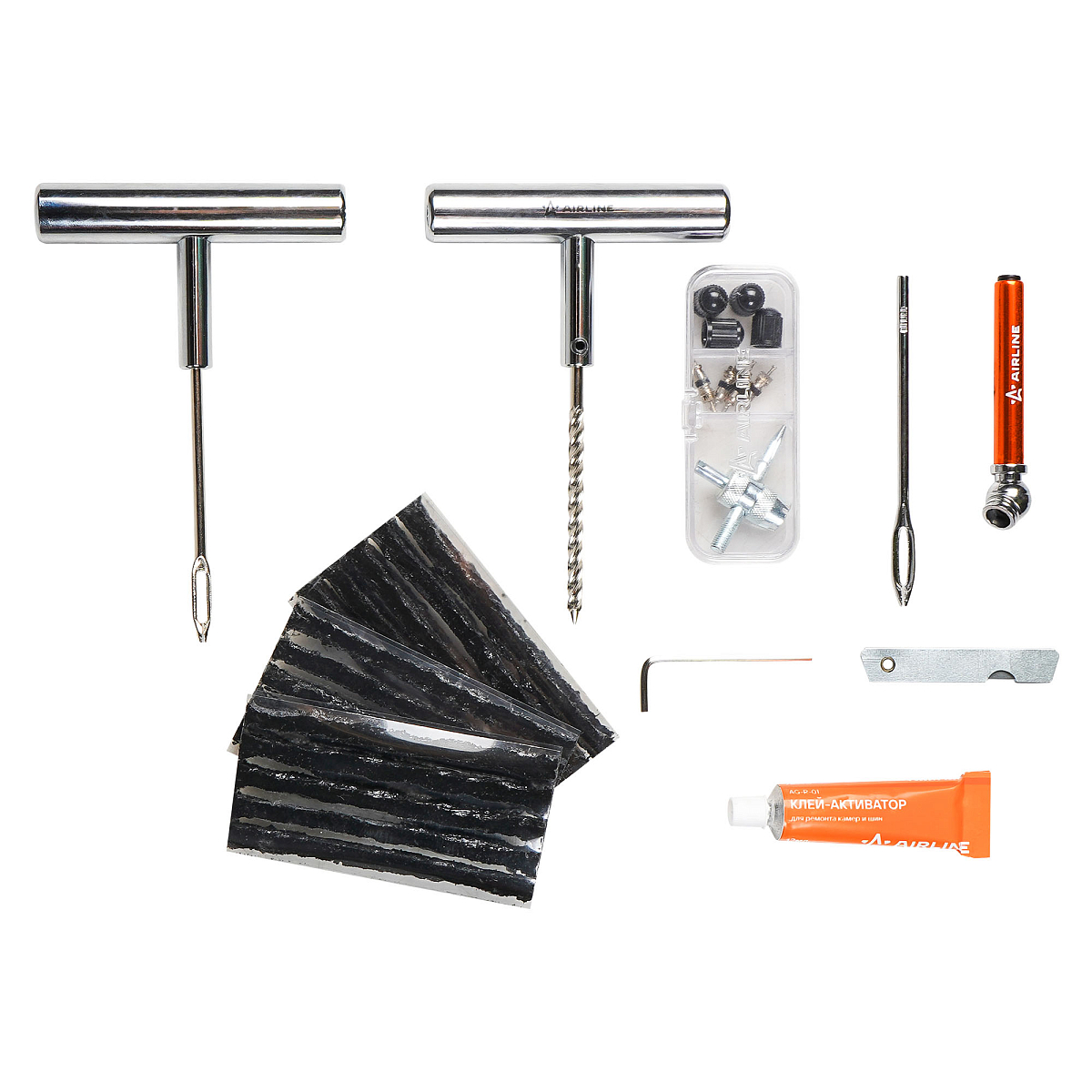 Ремкомплект для б/к шин в кейсе (клей, шило для жгута+спирал., жгуты 20шт.,маном, метчик, колп. 4шт, золотн. 4шт)